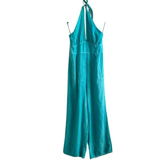 Made in Italy Linen Halter Jumpsuit Size M Wide Leg Open Back Teal Beachy Summer - Picture 1 of 13